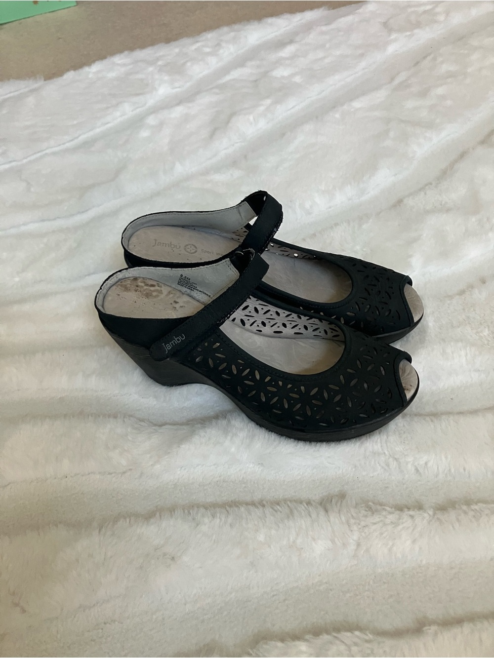 Jambu Black Laser-Cut Peep-Toe Mary Jane Wedge Mules